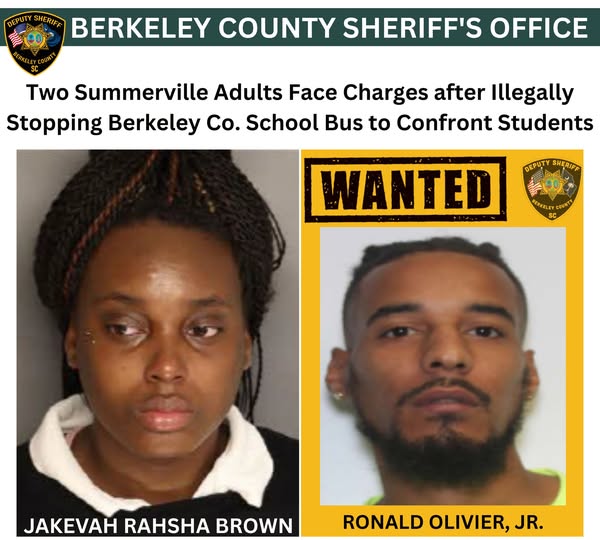 Two Summerville Adults, Jakevah Rahsha Brown and Ronald Olivier Jr., Face Serious Charges After Illegally Stopping Berkeley County School Bus to Confront Students